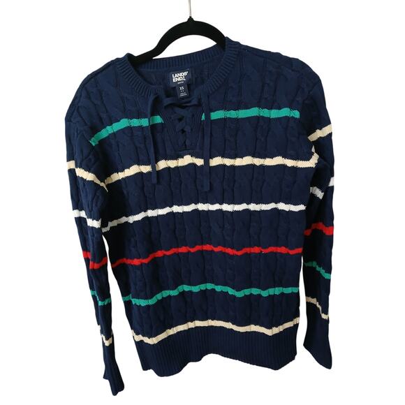 Lands' End "Drifter" Navy  Multicolor Stripes Cable Knit Sweater Cotton XS - Picture 1 of 5